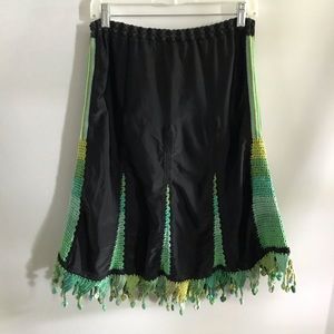Vintage Black, Green and Yellow Crochet Skirt Size S- Adj Waist, Triangle Tassel